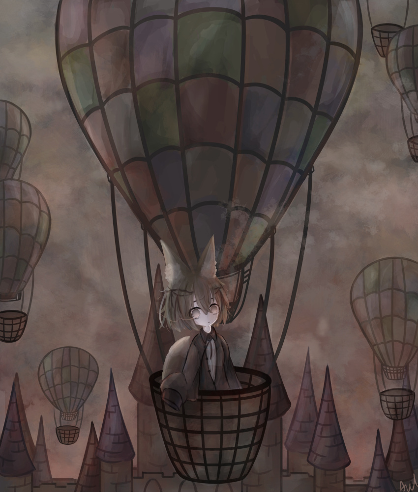 1girl absurdres aircraft aiu_. animal_ear_fluff animal_ears bangs brown_jacket castle collared_shirt commentary_request expressionless fox_ears fox_girl fox_tail grey_eyes grey_hair hair_between_eyes hair_ribbon highres hot_air_balloon jacket no_nose original partially_unbuttoned ribbon shirt signature sleeves_past_fingers sleeves_past_wrists solo standing tail upper_body wide_shot