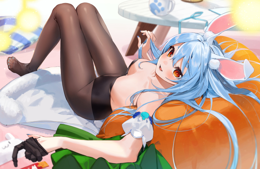 1girl animal_ears bangs blue_hair blush breasts carrot_pillow collarbone cup fingernails from_above from_side gloves gloves_removed gotou_(nekocat) hair_between_eyes hand_in_hair hololive long_hair looking_at_viewer medium_breasts mug pantyhose pillow playboy_bunny rabbit_ears rabbit_tail red_eyes sitting smile solo table tail thick_eyebrows thigh_gap toenails toes usada_pekora virtual_youtuber