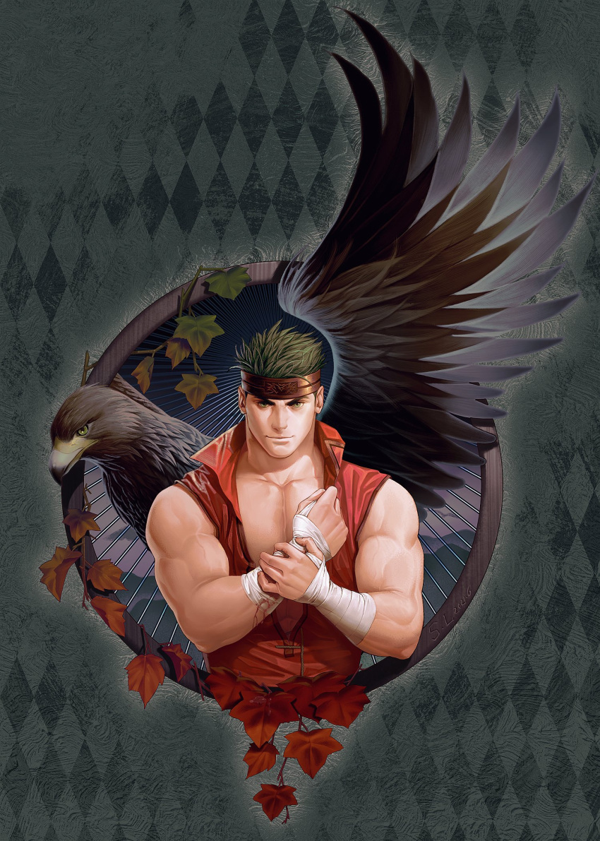 1boy autumn_leaves bandaged_arm bandages bara bare_shoulders boyd_(fire_emblem) cropped_torso fire_emblem fire_emblem:_path_of_radiance fire_emblem:_radiant_dawn green_hair headband highres large_pectorals looking_at_viewer male_focus muscular muscular_male pectoral_cleavage pectorals saolin_(wudangx) short_hair sideburns sleeveless smile solo