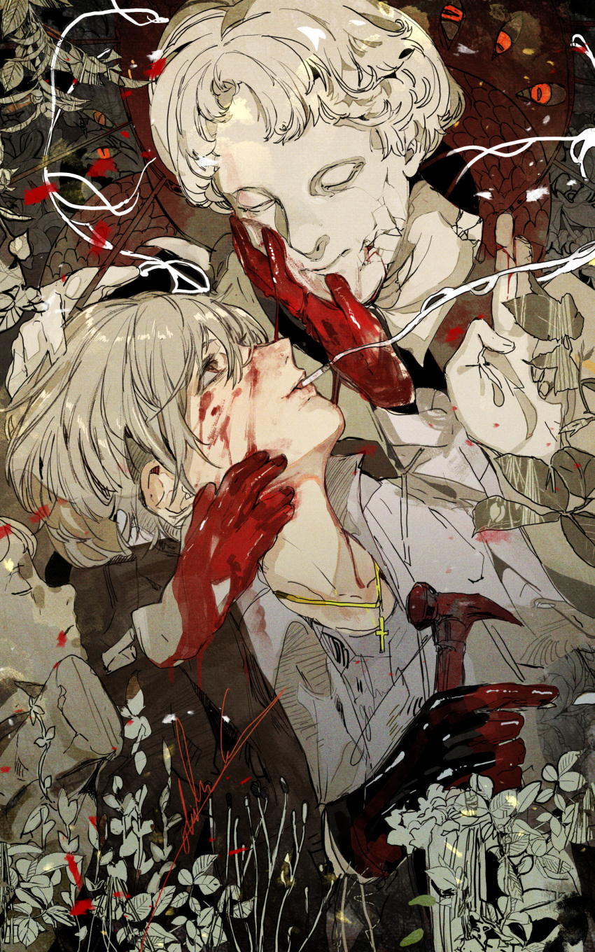 1boy blood blood_on_face blood_on_hands broken_statue brown_eyes cigarette commentary crack cross cross_necklace grey_hair hammer hand_on_another's_face hand_on_another's_head highres hiranko holding holding_hammer jacket jewelry looking_at_another male_focus mouth_hold necklace open_clothes open_jacket original plant shirt short_hair smile smoke_trail smoking statue white_hair white_shirt