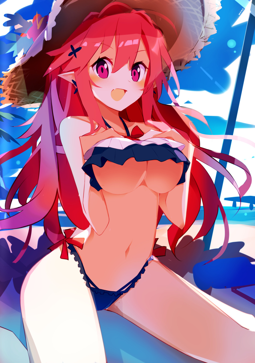 1girl absurdres beach bikini breasts day demon_girl disgaea earrings hair_ornament hairclip hat highres jewelry large_breasts long_hair makai_senki_disgaea_5 nanozenzen navel open_mouth pink_hair pointy_ears red_eyes seraphina_(disgaea) solo sun_hat swimsuit underboob