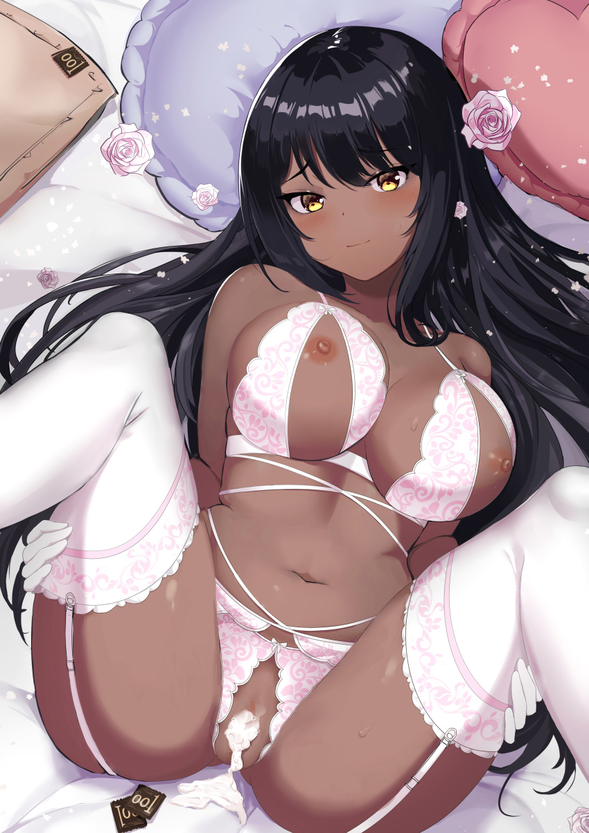 1girl absurdres areolae ass_visible_through_thighs bare_shoulders bed_sheet black_hair blue_archive bra breasts condom crotchless crotchless_panties cum cum_in_pussy dark-skinned_female dark_skin eyebrows_visible_through_hair floral_print flower garter_belt gloves hair_between_eyes happy highres karin_(blue_archive) lace-trimmed_bra lace-trimmed_legwear lace-trimmed_panties lace_trim large_breasts lingerie long_hair lying midriff navel nipple_cutout nipples on_back panties pillow pink_flower pink_rose pointless_condom pussy pussy_cutout rose shinalpha shiny shiny_hair smile solo split_mouth spread_legs sweat tan thighhighs thighs underwear white_gloves white_legwear yellow_eyes
