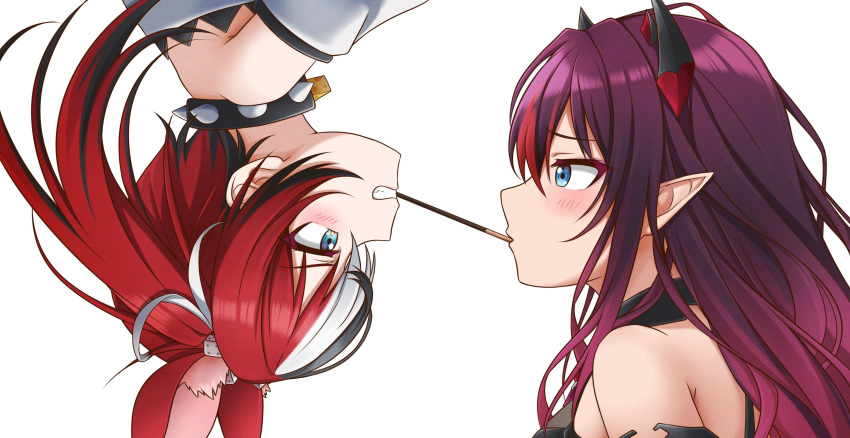 2girls absurdres animal_ears black_hair blue_eyes blush collar dice_hair_ornament eyebrows_visible_through_hair food hair_ornament hakos_baelz highres hololive hololive_english irys_(hololive) jan_azure mouse_ears multicolored_hair multiple_girls pocky pocky_kiss pointy_ears purple_hair red_hair simple_background spiked_collar spikes teeth upside-down virtual_youtuber white_background white_hair yuri