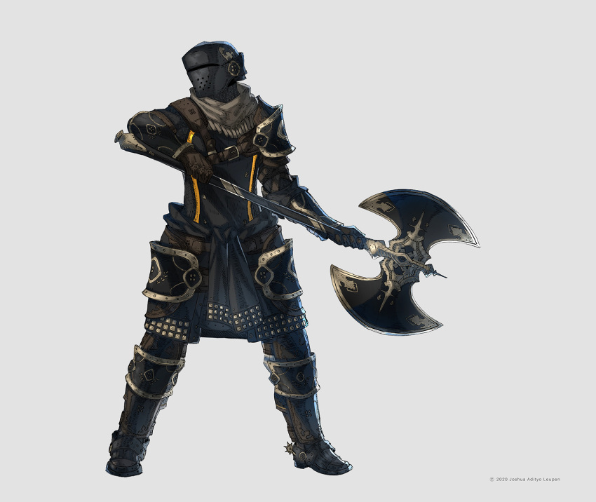 ambiguous_gender armor artist_name axe battle_axe black_armor brown_gloves fantasy full_body gloves highres holding holding_axe holding_weapon joshua_leupen knight original simple_background solo spurs standing weapon