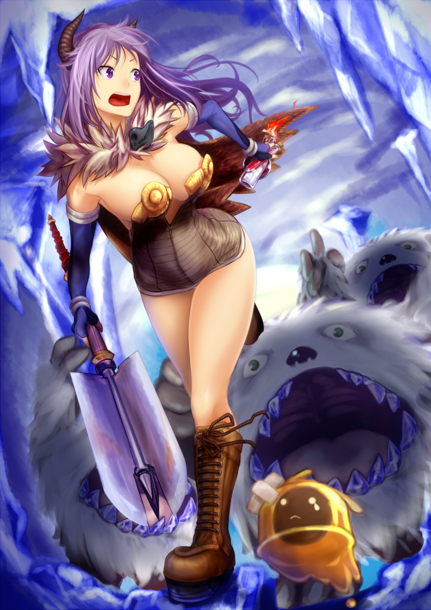 1girl alchemist_(ragnarok_online) areola_slip areolae bangs blue_gloves boots breasts brown_cape brown_dress brown_footwear cape commentary_request cross-laced_footwear crossed_bandaids dress elbow_gloves fingerless_gloves fire fleeing full_body fur_collar gloves highres holding holding_weapon horns ice ice_cave lace-up_boots large_breasts long_hair looking_back mace molotov_cocktail monster open_mouth potion purple_eyes purple_hair ragnarok_online running short_dress slime_(creature) snowier strapless strapless_dress vanilmirth_(ragnarok_online) vial wantsupanchi!! weapon