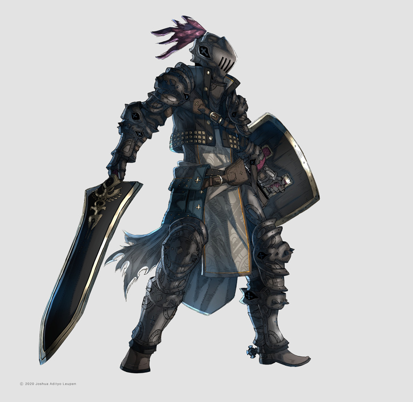 armor artist_name belt black_armor dated fantasy full_body gauntlets helmet highres holding holding_shield holding_sword holding_weapon jacket joshua_leupen knight original shield simple_background solo spurs standing sword weapon