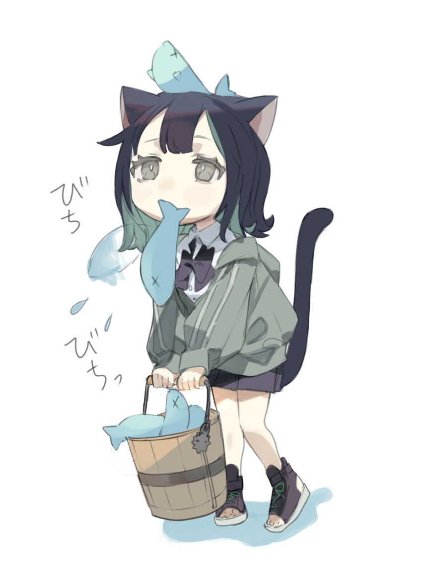 1girl animal_ears animal_on_head bangs black_bow black_bowtie black_footwear black_hair black_skirt boukou-chan_(tokiwata_soul) bow bowtie bucket cat_ears cat_girl cat_tail chibi collared_shirt commentary_request fish full_body green_hair green_jacket grey_eyes highres jacket long_sleeves miniskirt mouth_hold multicolored_hair on_head original pleated_skirt shirt shoes short_hair simple_background skirt solo standing tail toeless_footwear tokiwata_soul two-tone_hair white_background white_shirt