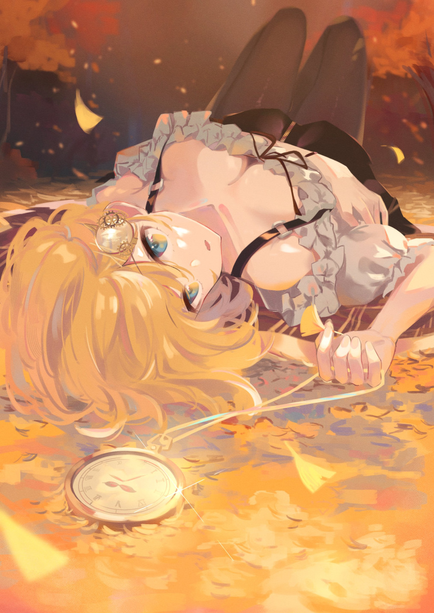 1girl absurdres autumn autumn_leaves blonde_hair blue_eyes breasts cleavage eyebrows_visible_through_hair falling_leaves hair_ornament highres hololive hololive_english knees_up leaf lying monocle_hair_ornament on_back outdoors parted_lips pocket_watch timo_wei95 virtual_youtuber watch watson_amelia
