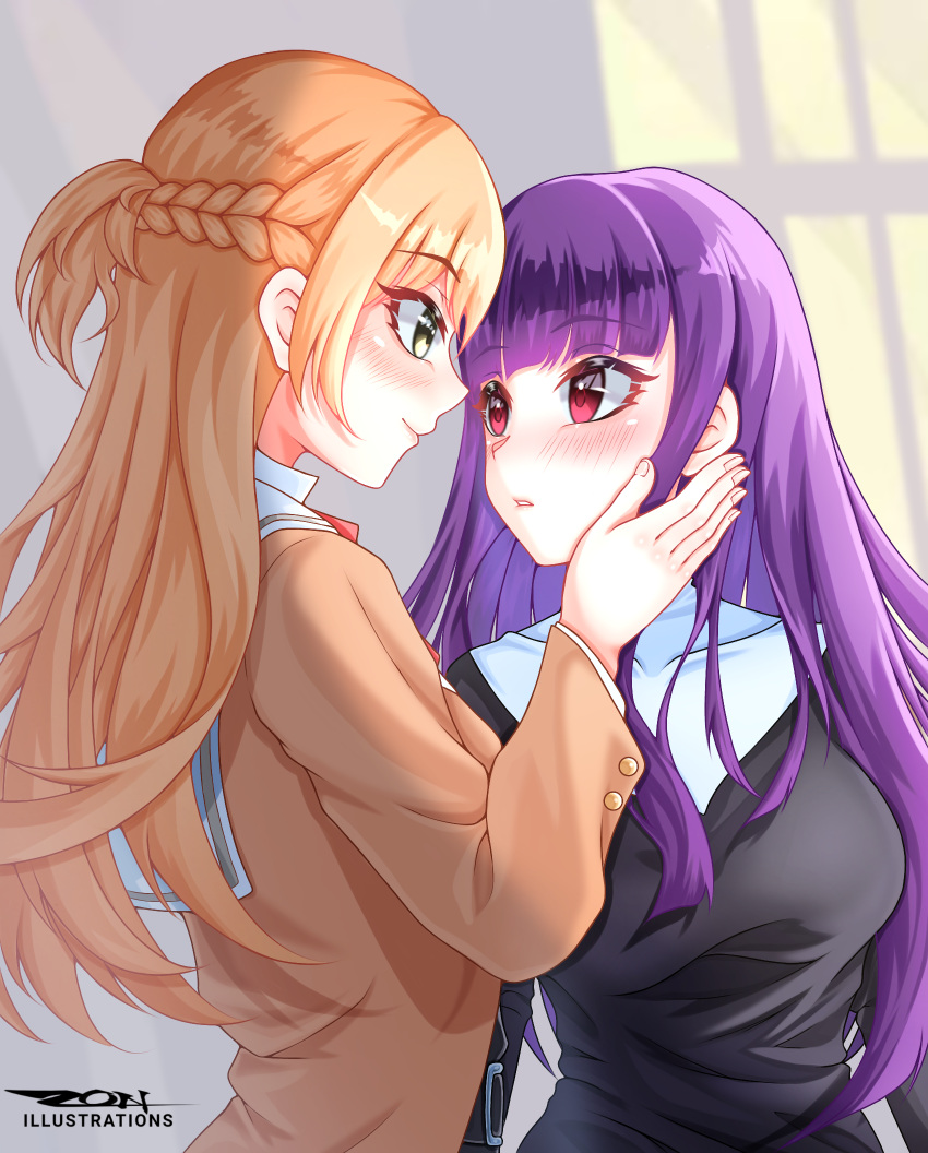2girls artist_request asagami_fujino braid brown_hair covered_collarbone crossover eyebrows_visible_through_hair fate/grand_order fate_(series) green_eyes hand_on_another's_cheek hand_on_another's_face highres hime_cut imminent_kiss kara_no_kyoukai lipgloss long_hair looking_at_another multiple_girls purple_hair reien_girl's_academy_uniform saeki_sayaka school_uniform smile third-party_source yagate_kimi_ni_naru yuri