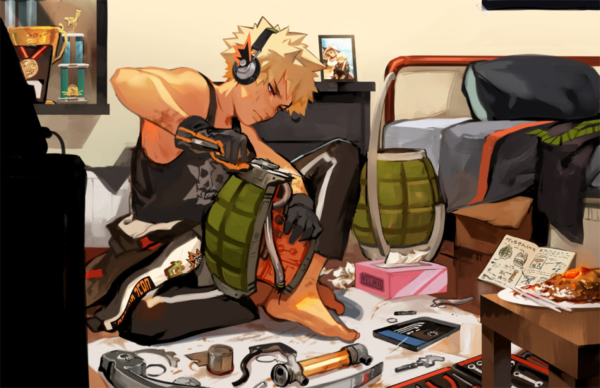 1boy bakugou_katsuki bakugou_mitsuki bare_arms bare_shoulders barefoot bed black_gloves black_legwear black_pants black_shirt black_tank_top blanket blonde_hair boku_no_hero_academia bolt carpet chopsticks closed_mouth clothes_around_waist collarbone dirty dirty_face explosive eyebrows food gauntlets gloves grenade half-closed_eyes headphones indoors jacket jacket_around_waist male_focus medal pale_skin pants paper photo_(object) picture_frame pillow plate red_eyes rice scar screwdriver shirt short_hair sitting sleeveless solo spiked_hair tank_top tape tissue tissue_box tools trophy used_tissue velocesmells wrench