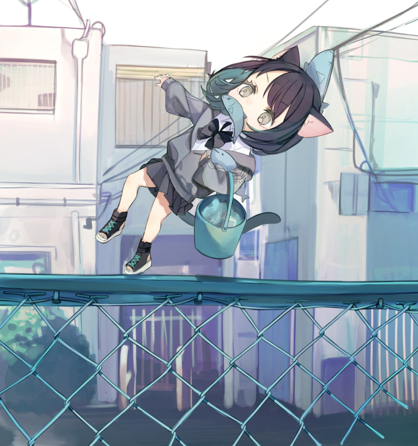 1girl animal_ears animal_on_head bangs black_bow black_bowtie black_footwear black_hair black_skirt boukou-chan_(tokiwata_soul) bow bowtie bucket carrying carrying_under_arm cat_ears cat_girl cat_tail chain-link_fence chibi collared_shirt commentary_request day falling fence fish green_hair grey_jacket highres holding jacket long_sleeves minigirl mouth_hold multicolored_hair off_shoulder on_head original outdoors pleated_skirt shirt shoes short_hair skirt solo tail toeless_footwear tokiwata_soul two-tone_hair walking water white_shirt