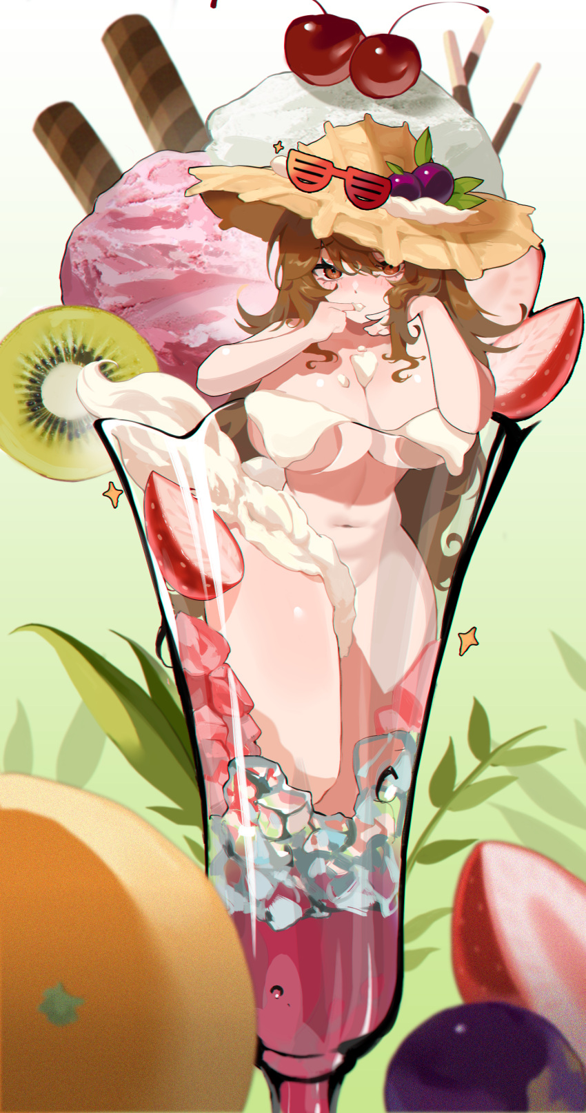 1girl absurdres bangs blush breasts brown_hair cherry commission convenient_censoring cup eyebrows_visible_through_hair eyewear_on_headwear food food_on_head fruit fruit_on_head grapes hair_between_eyes hat highres ice ice_cream ice_cube in_container in_cup kiwi_(fruit) kiwi_slice large_breasts licking licking_finger long_hair looking_at_viewer minigirl navel nude object_on_head orange_(fruit) orange_eyes original parfait sidelocks sohee20 solo stomach straw_hat strawberry sun_hat sweets very_long_hair whipped_cream