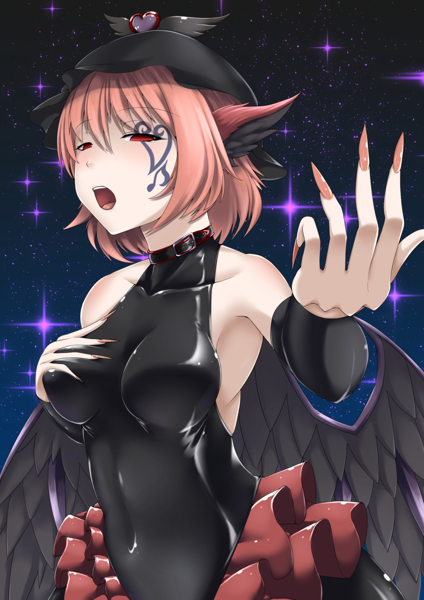 1girl absurdres alternate_costume animal_ears bangs bird_ears bird_wings black_wings breasts collarbone corruption covered_navel dark_persona eyebrows_visible_through_hair facial_mark feathered_wings fingernails hand_on_own_chest hat heart highres inyuppo large_breasts latex mob_cap music mystia_lorelei open_mouth pink_hair red_eyes sharp_fingernails shiny shiny_clothes short_hair singing skin_tight teeth touhou upper_teeth winged_hat wings