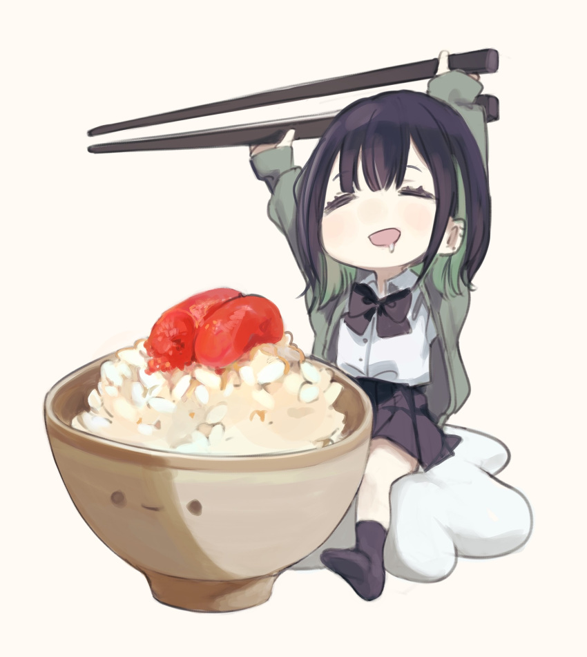 1girl :d ^_^ arms_up bangs beige_background black_bow black_bowtie black_hair black_legwear black_skirt boukou-chan_(tokiwata_soul) bow bowl bowtie chibi chopsticks closed_eyes collared_shirt commentary_request drooling facing_viewer food green_hair green_jacket happy highres holding holding_chopsticks jacket long_sleeves minigirl miniskirt multicolored_hair no_shoes open_clothes open_jacket original pleated_skirt rice rice_bowl sausage shirt short_hair simple_background sitting skirt smile socks solo tokiwata_soul two-tone_hair white_shirt