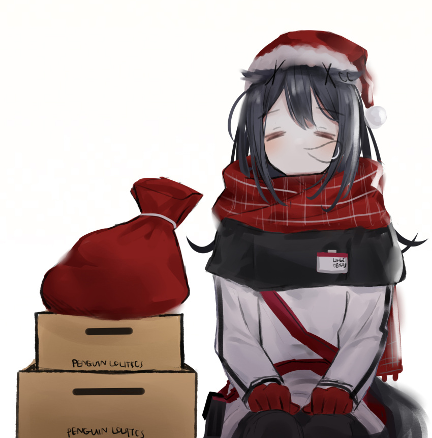 0_(znanimo) 1girl =_= absurdres animal_ears arknights black_hair black_legwear box cardboard_box closed_eyes commentary facing_viewer feet_out_of_frame fur-trimmed_headwear gloves hat highres id_card jacket long_hair no_mouth nose_bubble pantyhose plaid plaid_scarf pom_pom_(clothes) red_bag red_gloves red_headwear red_scarf santa_hat scarf simple_background sleeping sleeping_upright solo straight-on symbol-only_commentary tail texas_(arknights) white_background white_jacket wolf_ears wolf_girl wolf_tail