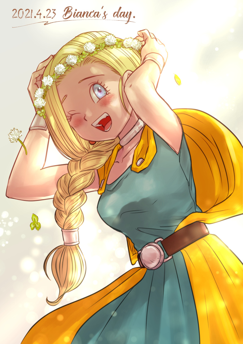 1girl :d absurdres belt bianca_(dq5) blonde_hair blue_dress blue_eyes blush braid breasts brown_belt cape character_name chinyan collarbone commentary dandelion dated dragon_quest dragon_quest_v dress english_text flower hair_flower hair_ornament head_wreath highres leaning_forward long_dress long_hair looking_at_viewer medium_breasts one_eye_closed orange_cape sleeveless sleeveless_dress smile solo wristband