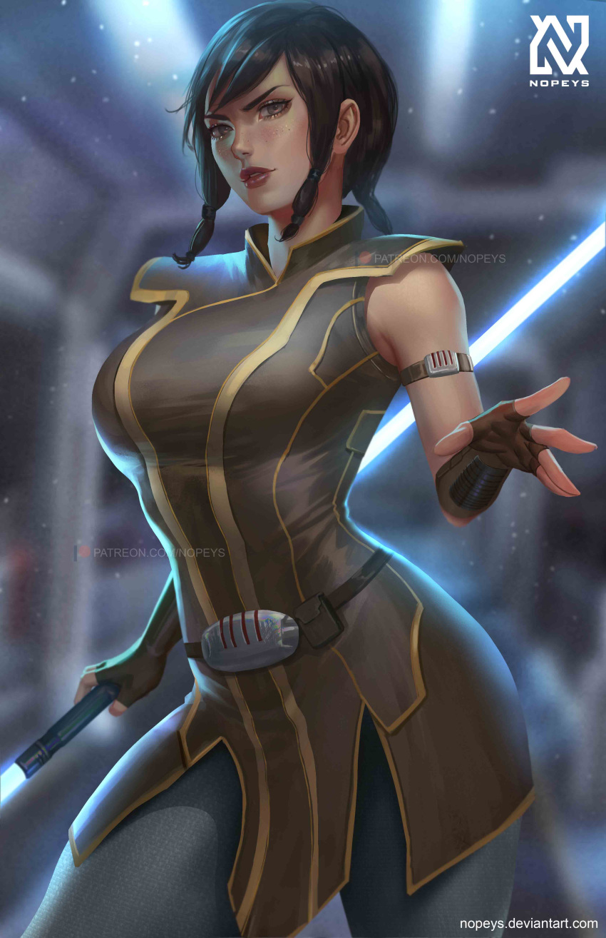 1girl absurdres arm_strap black_hair blurry blurry_background breasts brown_eyes cowboy_shot double-blade fingerless_gloves gloves highres holding holding_weapon jedi lips looking_at_viewer medium_breasts nopeys saberstaff satele_shan short_hair sleeveless solo star_wars:_the_old_republic watermark weapon web_address