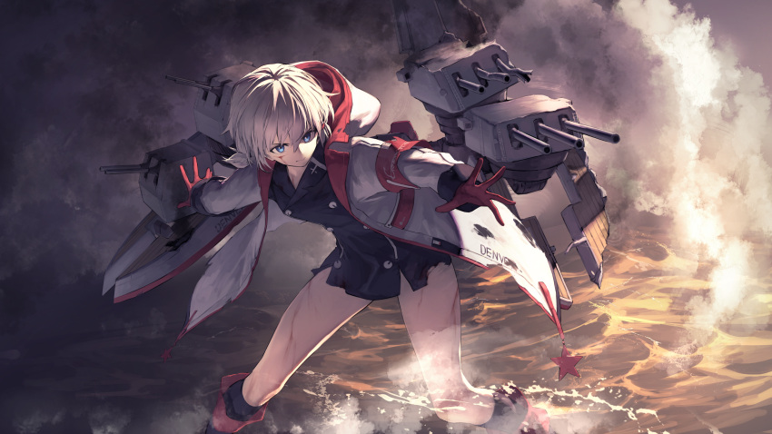 1girl azur_lane bangs blue_eyes buttons closed_mouth commentary_request commission denver_(azur_lane) double-breasted dress eyebrows_visible_through_hair gloves grey_hair hair_between_eyes hair_ornament hairclip highres hood hooded_jacket injury itaco jacket long_sleeves low_twintails open_clothes open_jacket pencil_dress red_gloves rigging scratches short_dress short_hair short_twintails sidelocks skeb_commission solo standing torn_clothes twintails water white_jacket