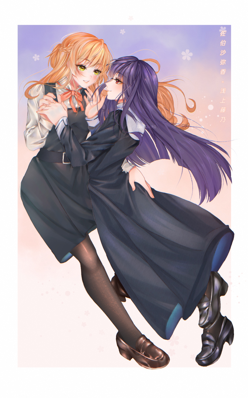 2girls absurdres akarihoshii asagami_fujino blush braid brown_hair crossover eyebrows_visible_through_hair face-to-face fate/grand_order fate_(series) green_eyes hand_on_hip highres hime_cut holding_hands imminent_kiss jewelry kara_no_kyoukai long_hair looking_at_another md5_mismatch multiple_girls pantyhose purple_hair red_eyes reien_girl's_academy_uniform ring saeki_sayaka school_uniform smile uniform wife_and_wife yagate_kimi_ni_naru yuri