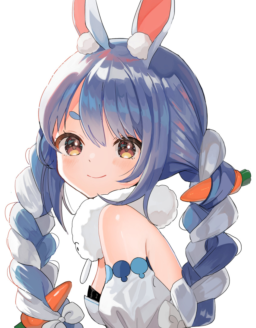 1girl absurdres animal_ear_fluff animal_ears bangs bare_shoulders black_leotard blue_hair bow braid breasts brown_eyes carrot_hair_ornament closed_mouth commentary_request detached_sleeves don-chan_(usada_pekora) dress food-themed_hair_ornament from_side hair_between_eyes hair_bow hair_ornament highres hololive leotard looking_at_viewer looking_to_the_side maple_(abc2215) multicolored_hair puffy_short_sleeves puffy_sleeves rabbit_ears short_eyebrows short_sleeves simple_background small_breasts smile strapless strapless_dress strapless_leotard thick_eyebrows twin_braids twintails two-tone_hair usada_pekora virtual_youtuber white_background white_bow white_dress white_hair white_sleeves