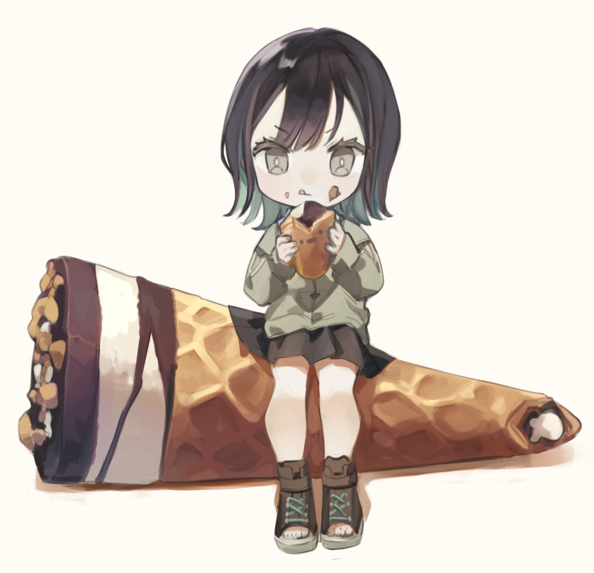 1girl :q bangs beige_background black_footwear black_hair black_skirt boukou-chan_(tokiwata_soul) chibi commentary_request crumbs eating food food_on_face full_body green_hair green_jacket green_nails highres holding holding_food ice_cream ice_cream_cone jacket licking_lips long_sleeves minigirl miniskirt multicolored_hair nail_polish original pleated_skirt shoes short_hair simple_background sitting skirt solo toeless_footwear toenail_polish toenails tokiwata_soul tongue tongue_out two-tone_hair