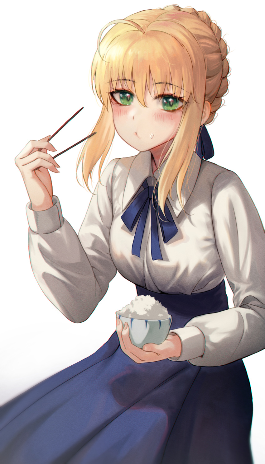 1girl ahoge artoria_pendragon_(fate) bangs blonde_hair blue_ribbon blue_skirt blush bowl braid commentary eating eyebrows_visible_through_hair fate/stay_night fate_(series) food food_on_face french_braid green_eyes hair_between_eyes highres holding long_sleeves looking_at_viewer ribbon rice saber shirt sidelocks simple_background sitting skirt solo torriet white_background white_shirt