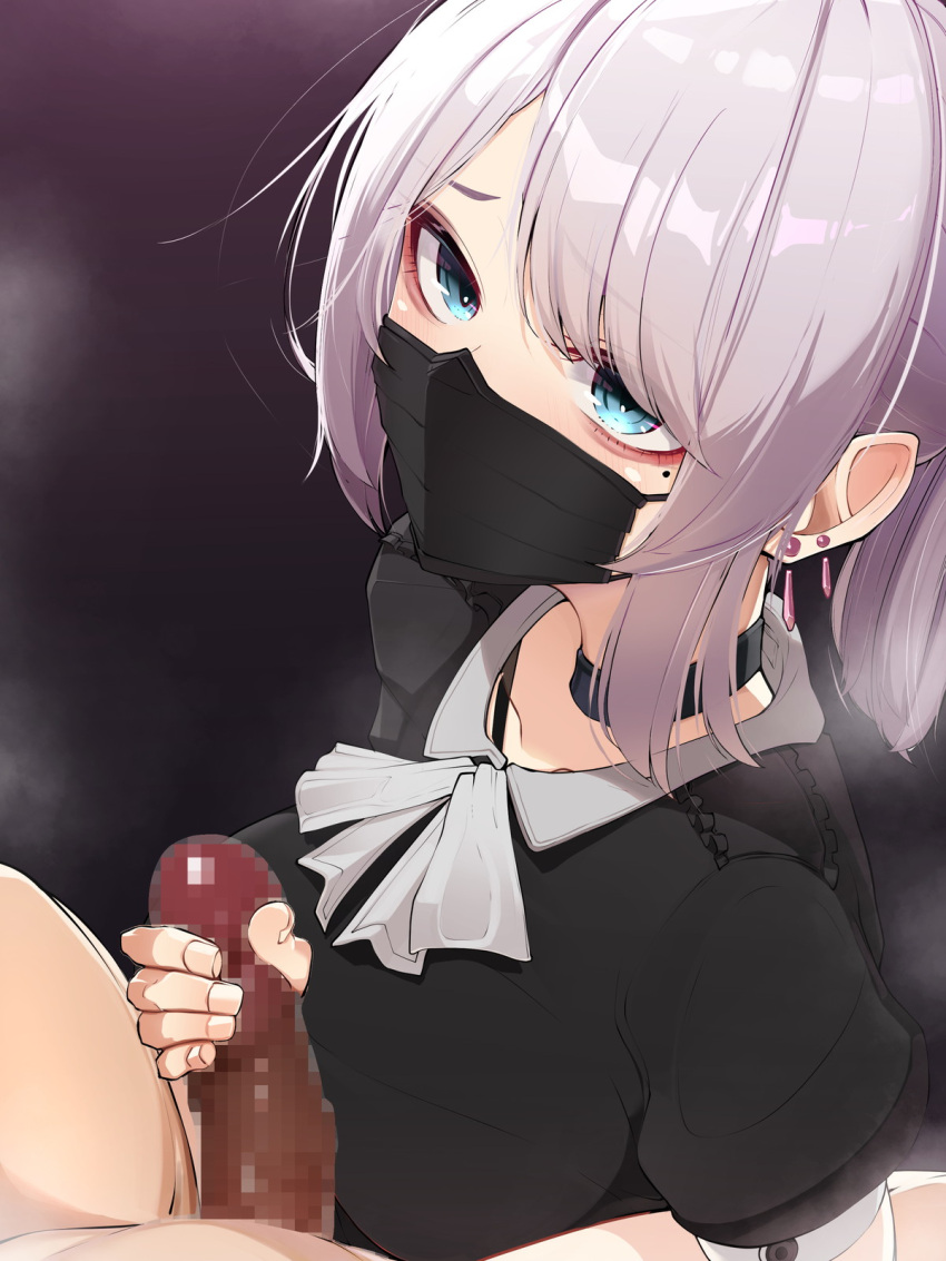 1boy 1girl bangs black_choker black_shirt blue_eyes blush breasts censored choker clothed_female_nude_male collarbone collared_shirt earrings eyebrows_visible_through_hair hanazawa_suou handjob hetero highres jewelry light_purple_hair looking_at_viewer mask mole mole_under_eye mosaic_censoring mouth_mask nude original penis shirt sidelocks