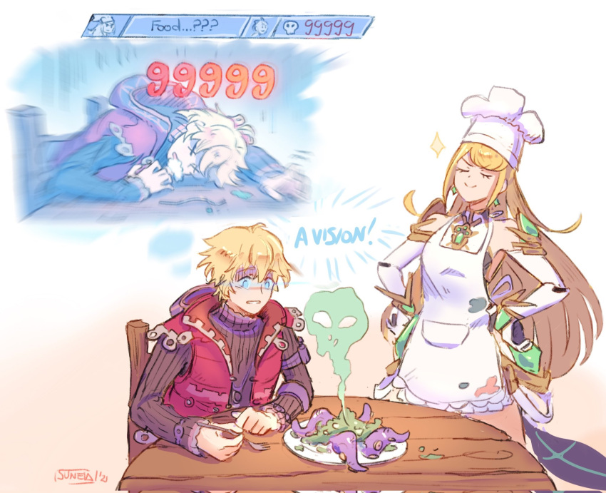 1boy 1girl apron blonde_hair chair chef_hat closed_eyes closed_mouth damage_numbers food fork gameplay_mechanics glowing glowing_eyes hands_on_hips hat highres jacket long_hair long_sleeves mythra_(xenoblade) red_jacket second-party_source shulk_(xenoblade) smile suneiaaa table toque_blanche x_x xenoblade_chronicles xenoblade_chronicles_(series) xenoblade_chronicles_2