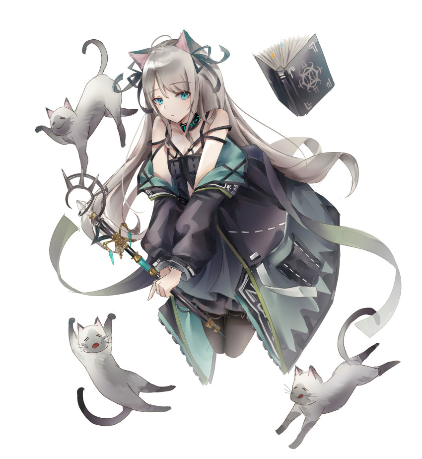 0_(znanimo) 1girl :q absurdres animal_ears arknights bare_shoulders black_babydoll black_collar black_jacket black_legwear black_ribbon blue_eyes book brown_hair cat cat_ears cat_girl collar eyebrows_visible_through_hair hair_ribbon highres holding holding_wand jacket long_hair looking_at_viewer mint_(arknights) off_shoulder open_clothes open_jacket ribbon simple_background solo strap_slip tongue tongue_out wand white_background