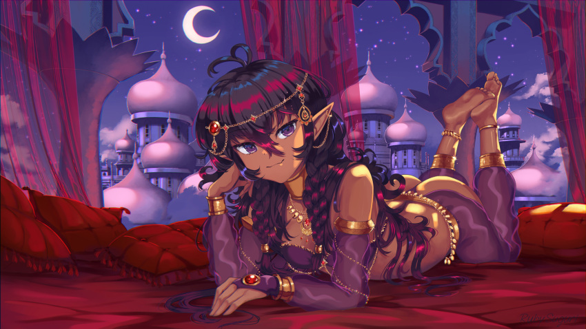 1girl ahoge arabian_architecture arabian_clothes ass barefoot black_hair bridal_gauntlets crescent_moon dark-skinned_female dark_skin dome elbow_gloves elf feet_up gloves harem_pants highres legs_up long_hair lying moon night night_sky on_stomach original pants pointy_ears purple_eyes purple_gloves ruby_suguri sky soles solo star_(sky) starry_moon starry_sky the_pose virtual_youtuber