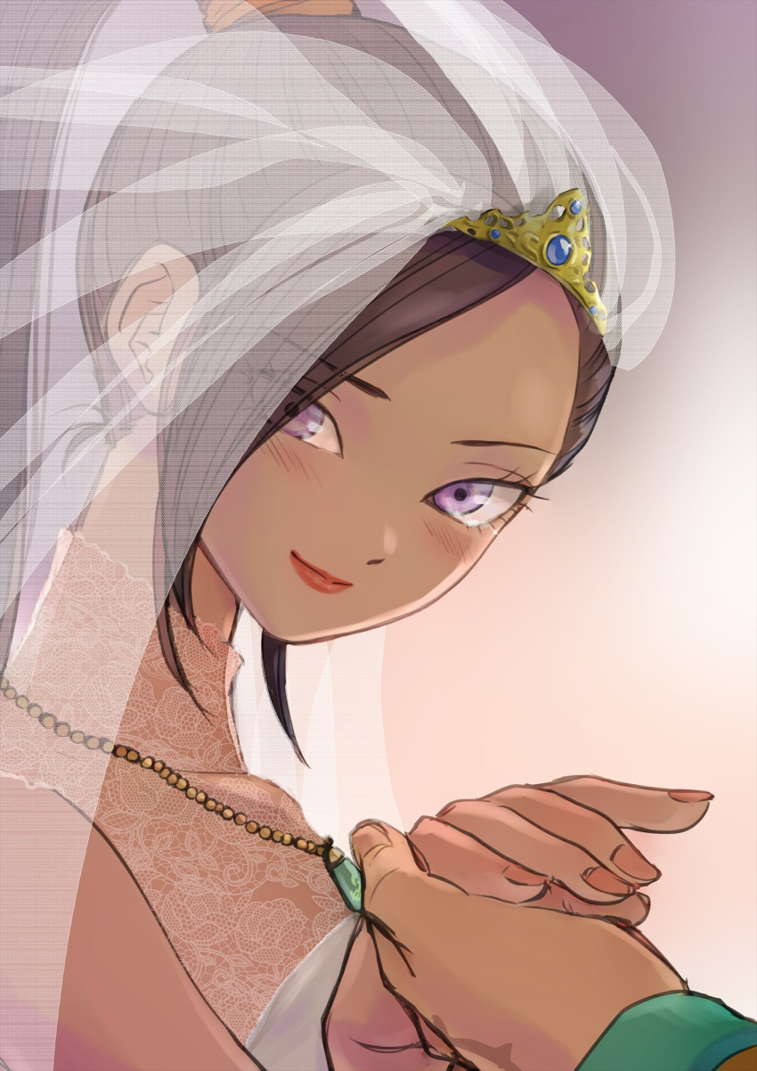 1boy 1girl blush bridal_veil chinyan collarbone commentary_request dragon_quest dragon_quest_xi hero_(dq11) high_ponytail highres holding_hands lipstick long_hair makeup martina_(dq11) necktie ponytail pov pov_hands purple_eyes purple_hair red_lips smile solo_focus upper_body veil