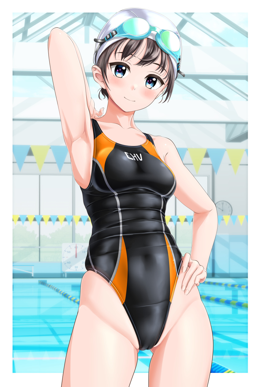 1girl absurdres armpits black_hair black_swimsuit blue_eyes breasts clock clothes_writing commentary_request competition_swimsuit covered_navel goggles goggles_on_head groin hand_on_hip highres indoors lane_line one-piece_swimsuit original pool presenting_armpit small_breasts solo string_of_flags swim_cap swimsuit takafumi white_headwear