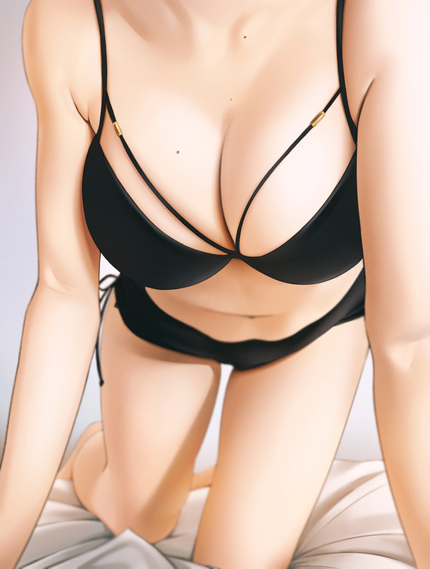 1girl all_fours bare_arms bare_legs bare_shoulders barefoot bed bed_sheet black_bra black_panties bra breasts cleavage close-up english_commentary grayfox head_out_of_frame highres large_breasts mole mole_on_breast navel original panties photo-referenced side-tie_panties skindentation solo stomach thighs underwear underwear_only