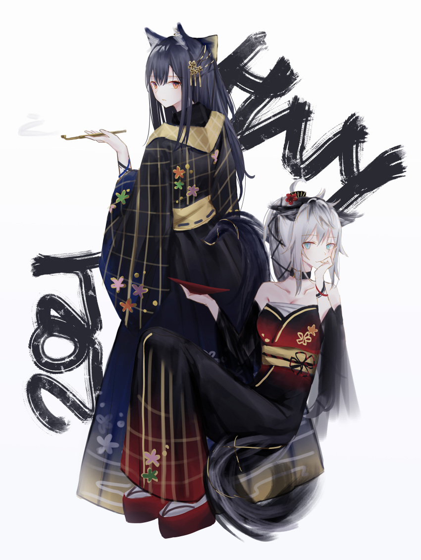 0_(znanimo) 2girls absurdres alternate_costume alternate_hairstyle animal_ears arknights black_collar black_kimono black_sleeves collar collarbone detached_sleeves ear_piercing from_behind full_body grey_hair highres holding holding_pipe japanese_clothes kimono knees_up lappland_(arknights) long_hair looking_at_viewer looking_back multiple_girls off-shoulder_kimono orange_eyes piercing pipe ponytail red_footwear simple_background sitting standing tail texas_(arknights) white_background white_legwear wolf_ears wolf_girl wolf_tail