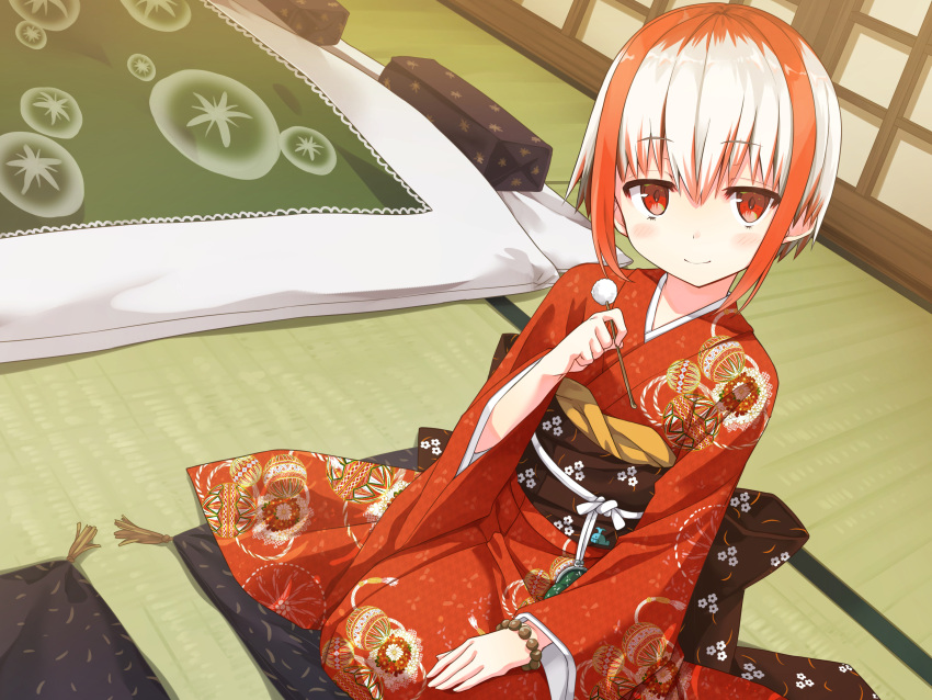 1girl ayakashi_kyoushuutan bangs bead_bracelet beads blanket blush bracelet child closed_mouth commentary_request cura cushion dutch_angle eyebrows_visible_through_hair highres holding indoors japanese_clothes jewelry kimono long_sleeves looking_at_viewer mimikaki monobeno multicolored_hair obi official_art pillow red_eyes red_hair red_kimono sash seiza short_hair sidelocks sitting smile solo sumi_(monobeno) tatami two-tone_hair white_hair wide_sleeves zabuton