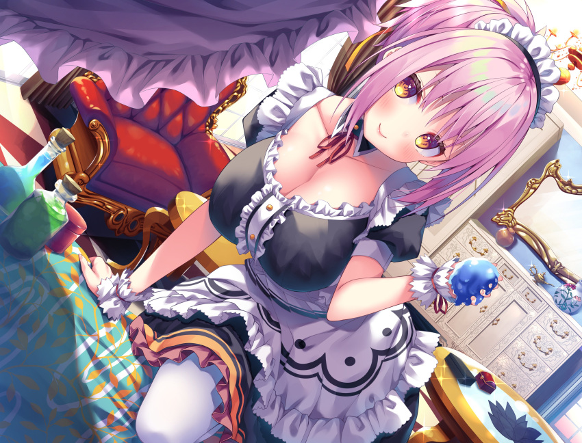 1girl absurdres apron arm_support armchair asa_no_ha_(awayuki) bangs black_dress blush bottle breasts brown_eyes chair cleavage collarbone commentary_request dress dutch_angle eyebrows_behind_hair frilled_apron frilled_dress frills head_tilt healing_of_king highres holding indoors large_breasts looking_at_viewer maid maid_apron maid_headdress official_art petticoat pink_hair puffy_short_sleeves puffy_sleeves shiny shiny_hair shiny_skin short_sleeves sidelocks slime_(substance) smile solo sparkle table waist_apron white_apron white_legwear window