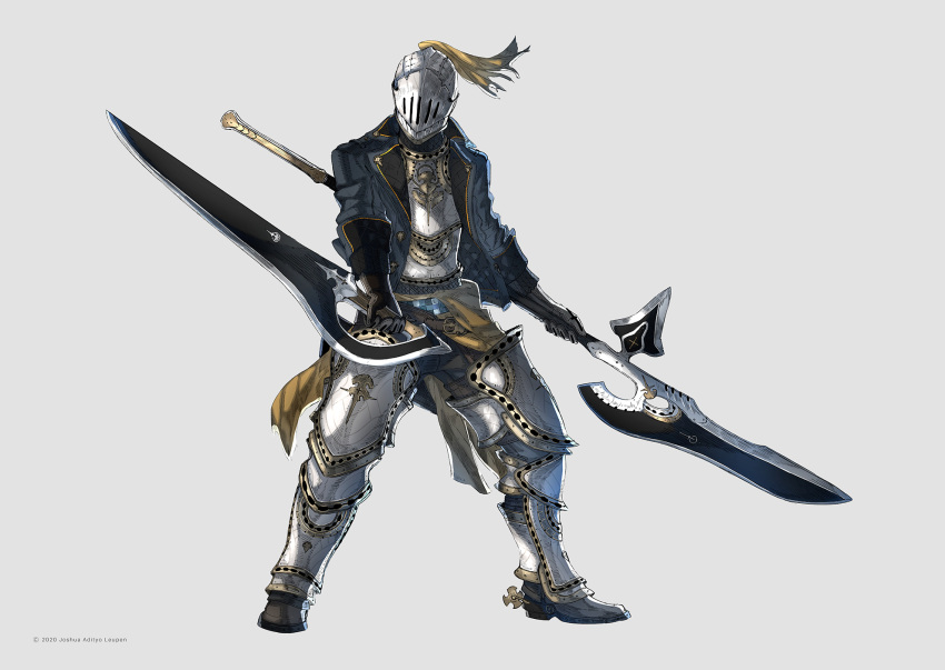 armor artist_name belt black_gloves dated dual_wielding fantasy full_body gloves grey_headwear helmet highres holding holding_weapon joshua_leupen knight original plate_armor simple_background solo spurs standing weapon