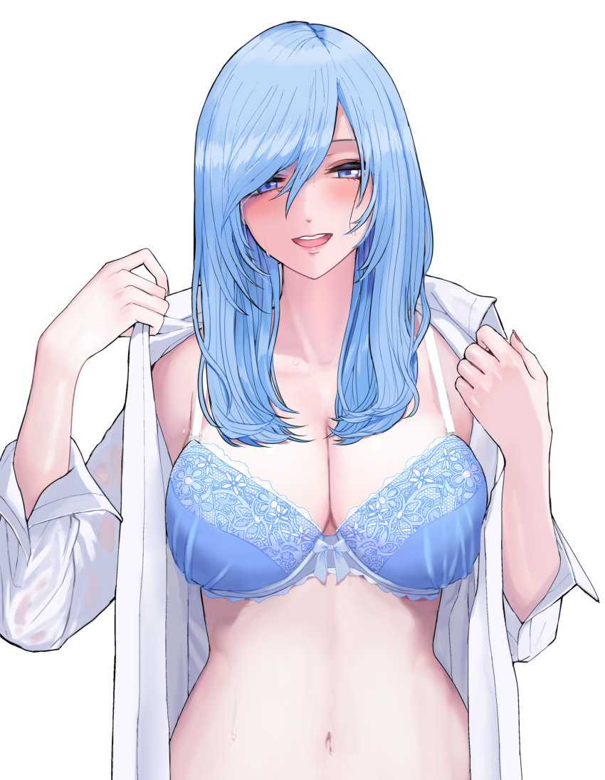 1girl blue_bow blue_bra blue_eyes blue_hair bow bow_bra bra breasts cleavage commentary_request hair_between_eyes hair_over_shoulder hands_up highres hyoshiki lace-trimmed_bra lace_trim large_breasts long_hair looking_at_viewer navel open_clothes open_mouth open_shirt original shirt simple_background solo straight_hair teeth underwear upper_body upper_teeth wet white_background white_shirt