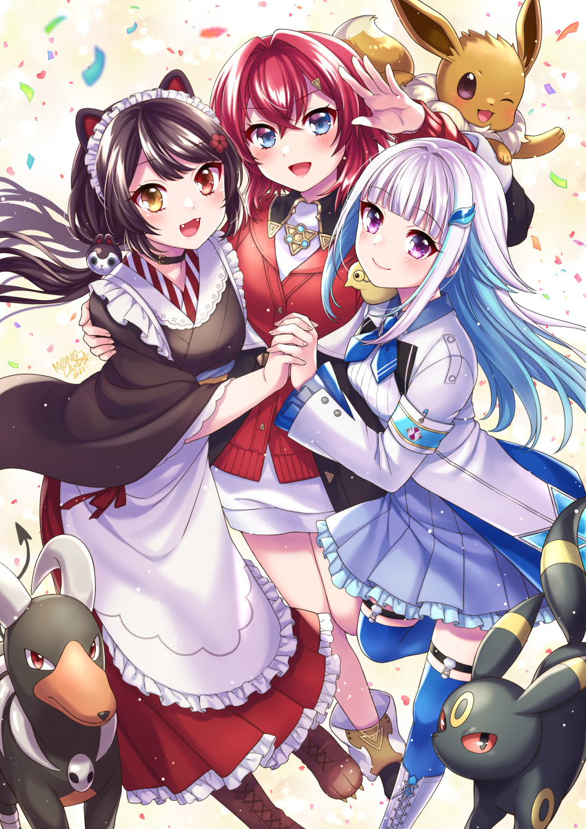 3girls absurdres ange_katrina animal apron armband bangs bird black_hair black_jacket black_kimono blue_eyes blue_hair blue_skirt blunt_bangs chick commentary_request confetti crossover dog_hair_ornament eevee eyebrows_visible_through_hair flower frilled_apron frilled_hakama frilled_skirt frills hair_between_eyes hair_flower hair_intakes hair_ornament hakama hakama_skirt heterochromia highres holding_hands houndoom interlocked_fingers inui_toko jacket japanese_clothes kimono lize_helesta long_hair long_sleeves low_twintails mono_land monocle multicolored_hair multiple_girls nijisanji pleated_skirt pokemon pokemon_(creature) purple_eyes red_flower red_hair red_hakama red_jacket safety_pin sebastian_piyodore shirt skirt twintails two-tone_hair umbreon very_long_hair virtual_youtuber white_apron white_hair white_jacket white_shirt wide_sleeves yellow_eyes