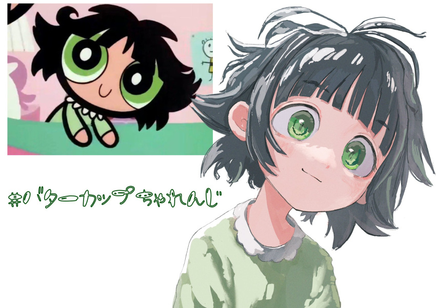 1girl animification bangs black_hair buttercup_(ppg) buttercup_redraw_challenge commentary derivative_work eyebrows_visible_through_hair green_eyes green_shirt hair_behind_ear head_tilt highres magan0301 messy_hair pajamas powerpuff_girls reference_inset screencap_redraw shirt smile solo_focus translated white_background