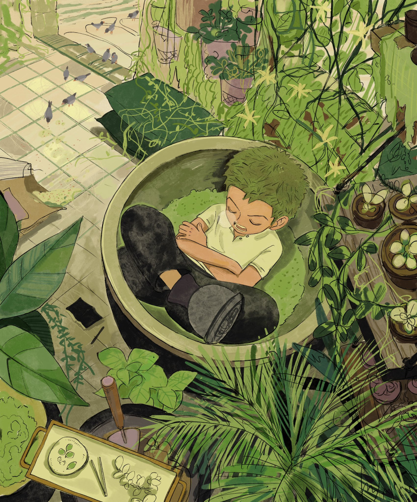 1boy bird closed_eyes commentary_request crossed_arms crossed_legs feleven garden green_hair green_theme highres leaf male_focus nose_bubble one_piece plant potted_plant roronoa_zoro short_hair short_sleeves sleeping sleeping_upright solo