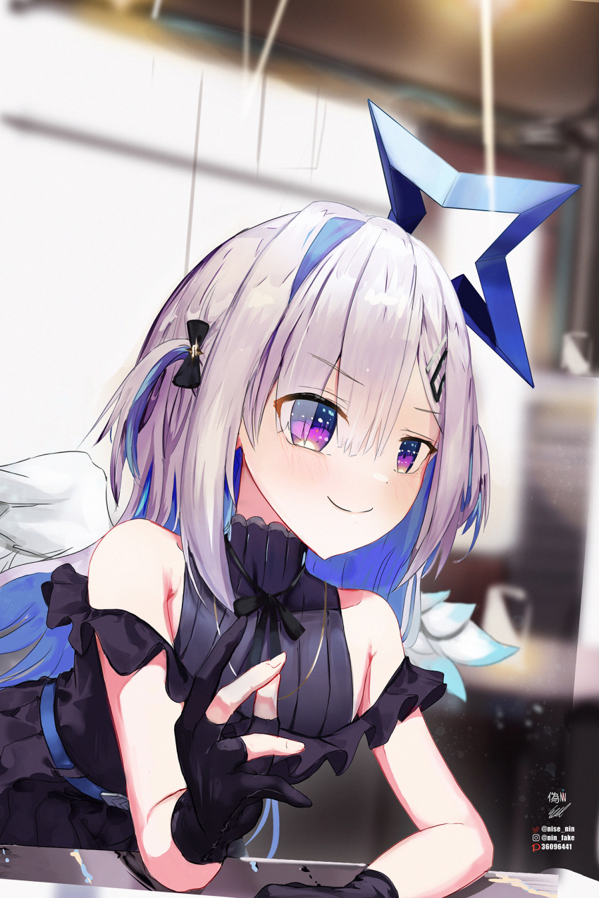 1girl amane_kanata angel angel_wings arm_wrestling asymmetrical_bangs asymmetrical_hair bangs belt black_dress black_gloves blue_belt blue_hair blue_wings blurry blurry_background blush closed_mouth colored_inner_hair dress eyebrows_visible_through_hair feathered_wings frilled_dress frills from_side gloves hair_ornament hair_over_one_eye hairclip halo highres hololive indoors jewelry leaning_on_table long_hair looking_ahead multicolored_hair neck_ribbon necklace nin_fake partially_fingerless_gloves pleated_dress purple_eyes raised_eyebrow ribbon signature silver_hair single_hair_intake sleeveless sleeveless_dress smile solo star_(symbol) star_halo star_necklace streaked_hair turtleneck turtleneck_dress two_side_up virtual_youtuber white_wings wings