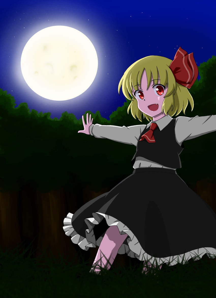 1girl ascot black_skirt black_vest blonde_hair collared_shirt eyebrows_visible_through_hair fang grass hair_ribbon happy haramin3 highres moon open_mouth outdoors outstretched_arms red_eyes red_neckwear red_ribbon ribbon rumia shirt short_hair skirt spread_arms touhou vest white_shirt