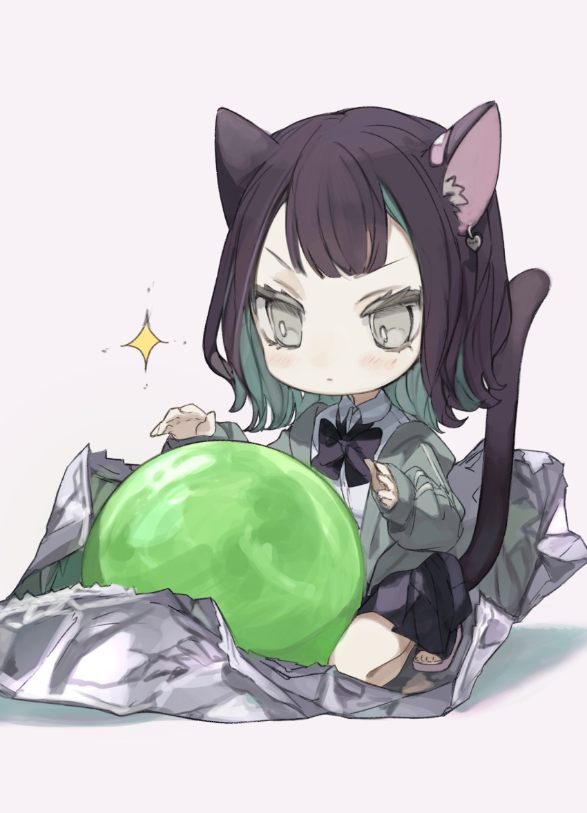 1girl animal_ears bangs black_bow black_bowtie black_footwear black_hair black_skirt blush boukou-chan_(tokiwata_soul) bow bowtie candy candy_wrapper cat_ears cat_girl cat_tail chibi collared_shirt commentary_request earrings food green_hair green_jacket highres jacket jewelry kneeling long_sleeves looking_at_food looking_down minigirl miniskirt multicolored_hair original pleated_skirt shirt shoes short_hair simple_background skirt solo sparkle tail toeless_footwear tokiwata_soul two-tone_hair white_shirt