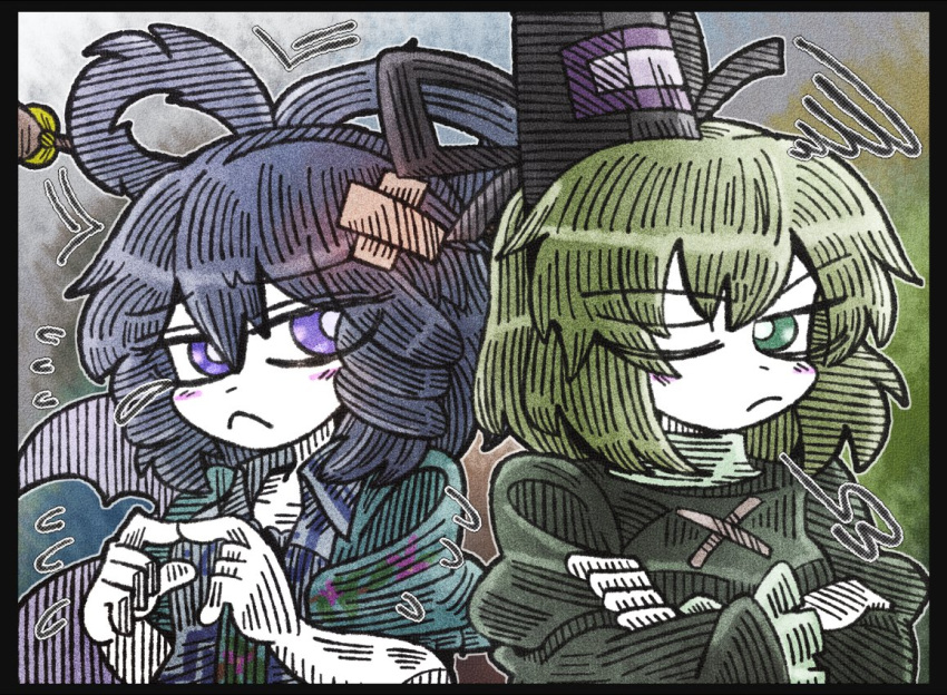 2girls :&lt; :/ bangs blue_dress blue_eyes blue_hair blush breasts collarbone cross-laced_clothes crossed_arms crossed_bandaids dress drill_hair eyebrows_visible_through_hair flying_sweatdrops green_dress green_eyes green_hair hair_ornament hair_rings hair_stick hat juliet_sleeves kaku_seiga large_breasts long_sleeves looking_to_the_side medium_breasts multiple_girls one_eye_closed puffy_short_sleeves puffy_sleeves short_hair short_sleeves soga_no_tojiko squiggle standing steepled_fingers suenari_(peace) tate_eboshi touhou upper_body vest white_vest