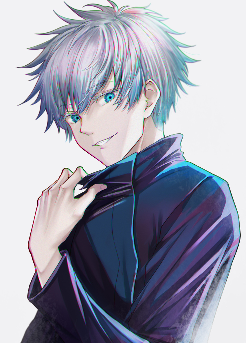 1boy absurdres black_jacket blue_eyes chromatic_aberration clothes_grab collar_grab commentary_request eyelashes gojou_satoru grey_background grin hand_up high_collar highres jacket jujutsu_kaisen long_sleeves looking_at_viewer male_focus open_mouth rama_(yu-light8) short_hair silver_hair smile solo teeth upper_body