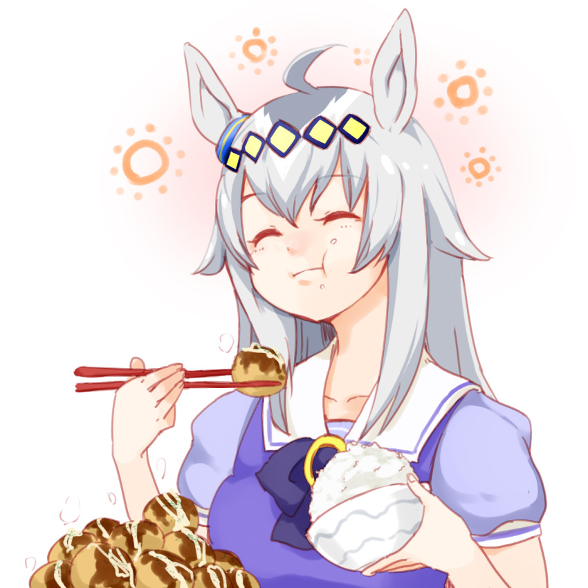 1girl animal_ears arms_up bangs blue_hairband bowl chopsticks closed_eyes diamond_hairband eating eyebrows_visible_through_hair food food_on_face hairband hands_up hideaki_(kin29n_0721) highres holding holding_bowl holding_chopsticks horse_ears horse_girl long_hair oguri_cap_(umamusume) puffy_short_sleeves puffy_sleeves purple_serafuku rice rice_on_face sailor_collar school_uniform serafuku short_sleeves silver_hair simple_background sun_symbol takoyaki two-tone_hairband umamusume v_arms white_background yellow_hairband