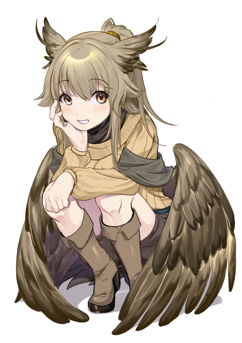 1girl absurdres animal_ears bangs bird_ears boots brown_footwear brown_hair brown_shorts eyes_visible_through_hair full_body hand_on_own_cheek hand_on_own_face highres long_hair long_sleeves looking_at_viewer low_wings michia_(bourgognepony) open_mouth original ponytail shadow shorts simple_background smile solo squatting sweater symbol-only_commentary teeth white_background wings yellow_sweater