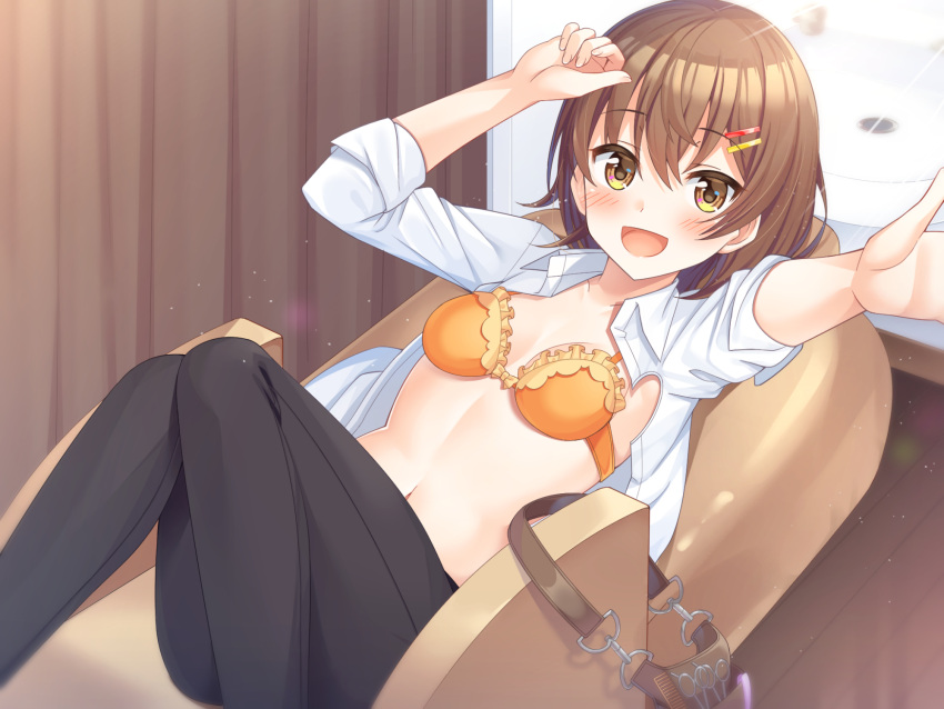 1girl :d arms_up bangs biyoushitsu_aphrodite black_pants blush bra brown_eyes brown_hair collared_shirt commentary_request eyebrows_visible_through_hair feet_out_of_frame frilled_bra frills hair_ornament hairclip highres indoors knees_together_feet_apart knees_up long_sleeves looking_at_viewer lying navel official_art on_back open_clothes open_mouth open_shirt orange_bra outstretched_arm pants recliner shiny shiny_hair shirt short_hair sink sleeves_rolled_up smile solo super_nagoyaka underwear white_shirt yurumi_narumi