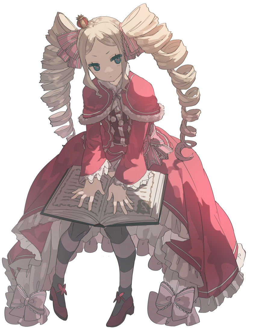 1girl :&lt; absurdres bangs beatrice_(re:zero) blonde_hair blue_eyes book book_on_lap bow capelet commentary crown dress drill_hair frilled_dress frills full_body fur-trimmed_capelet fur_trim hair_bow highres long_hair long_sleeves looking_at_viewer mini_crown neck_ribbon open_book pantyhose parted_bangs pink_bow pink_ribbon pom_pom_(clothes) re:zero_kara_hajimeru_isekai_seikatsu red_capelet red_dress red_footwear ribbon shoes sidelocks simple_background solo tachibana_wataru_(123tsuki) tilted_headwear twin_drills twintails white_background
